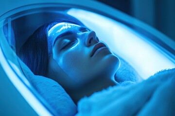 Cryogenic sleep chamber with frosted glass, with copy space