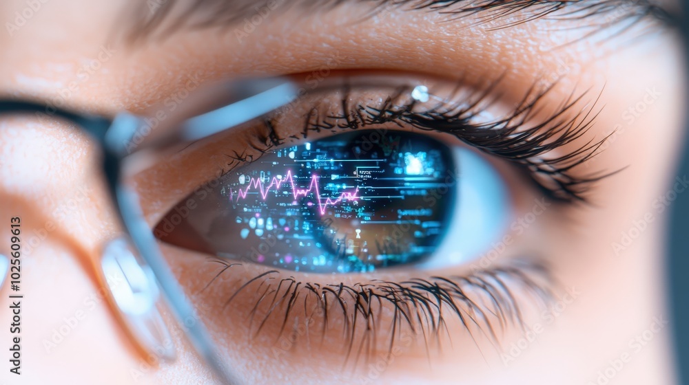 Poster futuristic eye with digital data and graph overlay technology concept