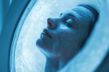 Cryogenic sleep chamber with frosted glass, with copy space