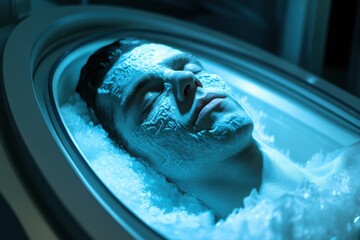 Cryogenic sleep chamber with frosted glass, with copy space