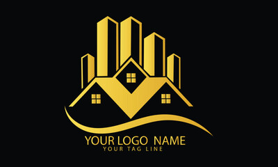 Naklejka premium Black Gold Real Estate Logo. Construction Architecture Building Logo Design Template Element