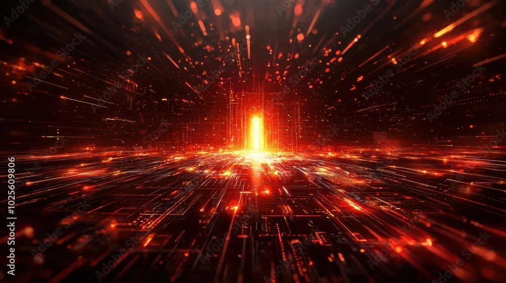 Poster illustrate a futuristic landscape with abstract red data streams attempting to breach through glowin