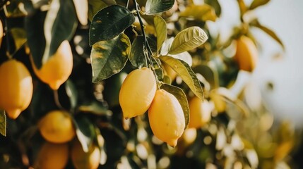 Fresh Lemons on Tree Branch in Soft Light