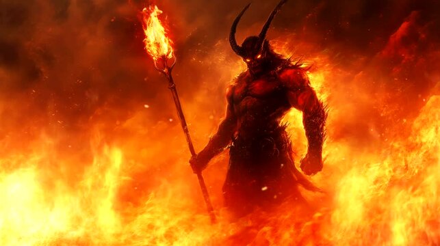 A towering demon with glowing eyes, massive horns, and a fiery trident, engulfed in flames, exudes terrifying power. Looping 4k video animation background