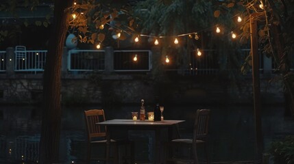Romantic Dinner Table by the Water at Night
