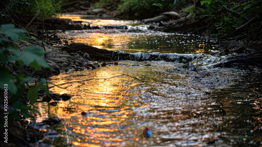 Poster Peaceful Creek with Sunset Reflection in Nature