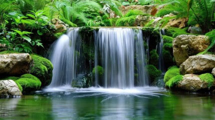 Serene Waterfall Cascading Through Lush Greenery
