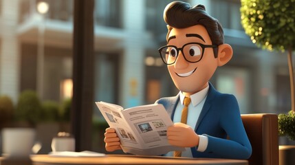 A cheerful man reading a newspaper at a cafe, dressed in a suit with glasses.