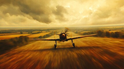Vintage Airplane Flying Low Over a Countryside Landscape at Sunset.