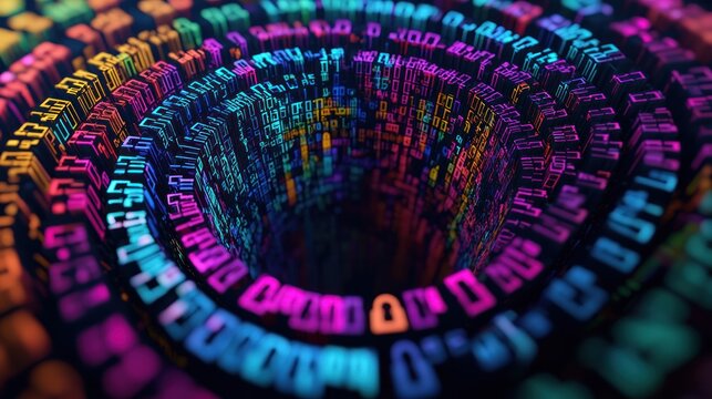 Colorful binary numbers spiral into a deep digital vortex, representing data processing and technology concepts.