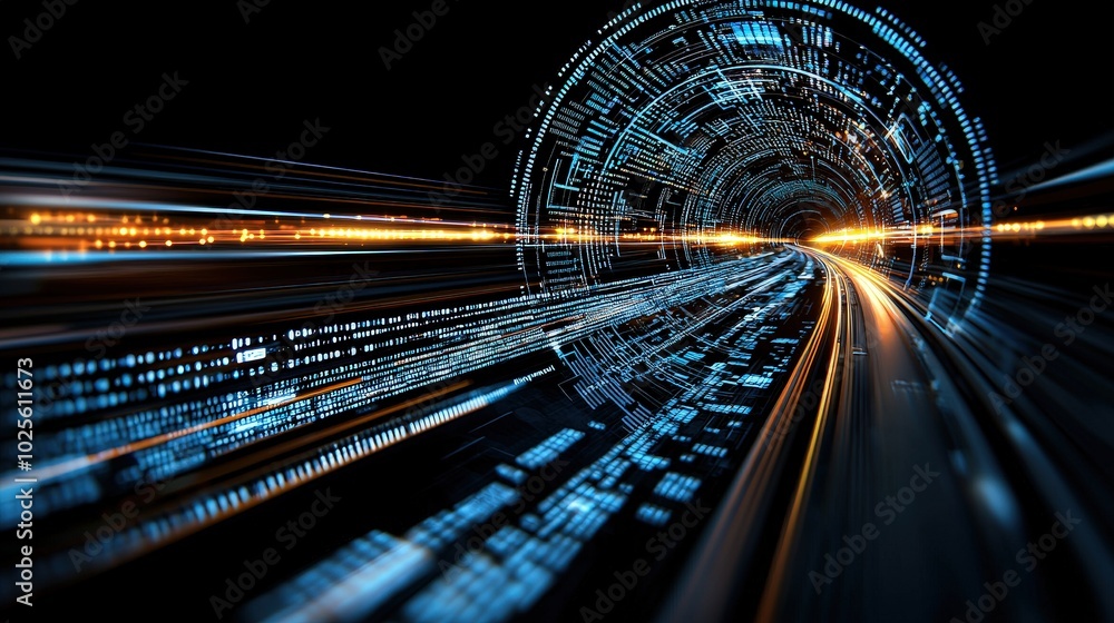 Poster futuristic digital tunnel with data streams and fast motion blur