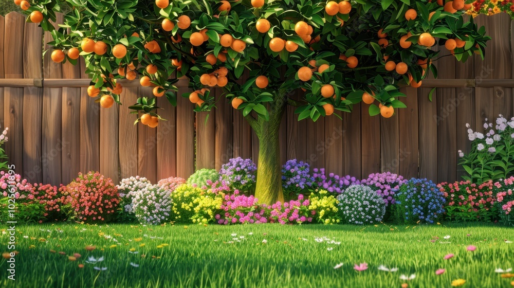 Sticker Vibrant Garden with Orange Tree and Colorful Flowers