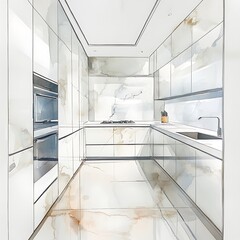 Kitchen Design Sketch with White Cabinets and Marble Countertops.