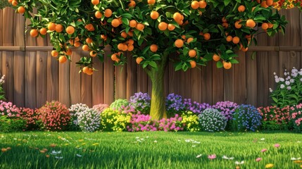 Fototapeta premium Vibrant Garden with Orange Tree and Colorful Flowers
