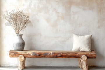 Obraz premium Rustic Wood Log Bench and Stucco Wall in Boho Country House Living Room Design