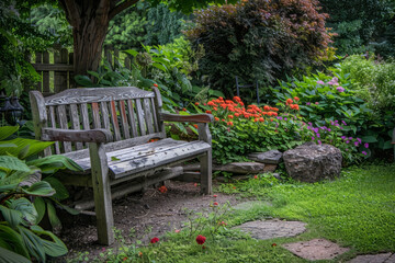 Garden with benches. Generative AI