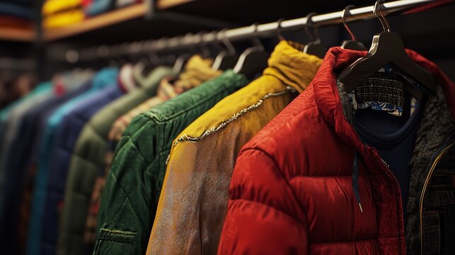 Boutique display of fashionable outdoor jackets, emphasizing elegance and current trends in outerwear fashion