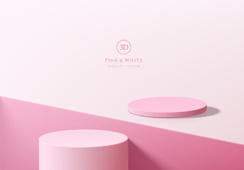 3D pink round podium background on floor and square groove. Abstract geometric composition in minimalist design. Studio display showroom stand product pedestal, Fashion stage showcase mockup scene.