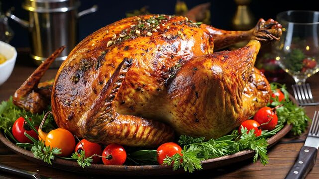Deliciously roasted turkey with herbs served on a festive platter during a family gathering, for thanksgiving day