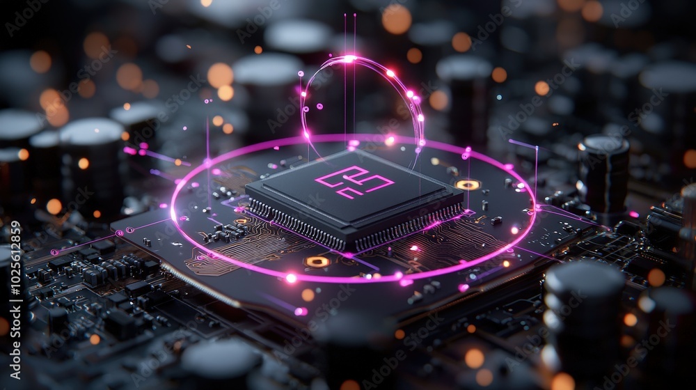 Poster ram chip technology close up of microchip with circuit board and glowing circle