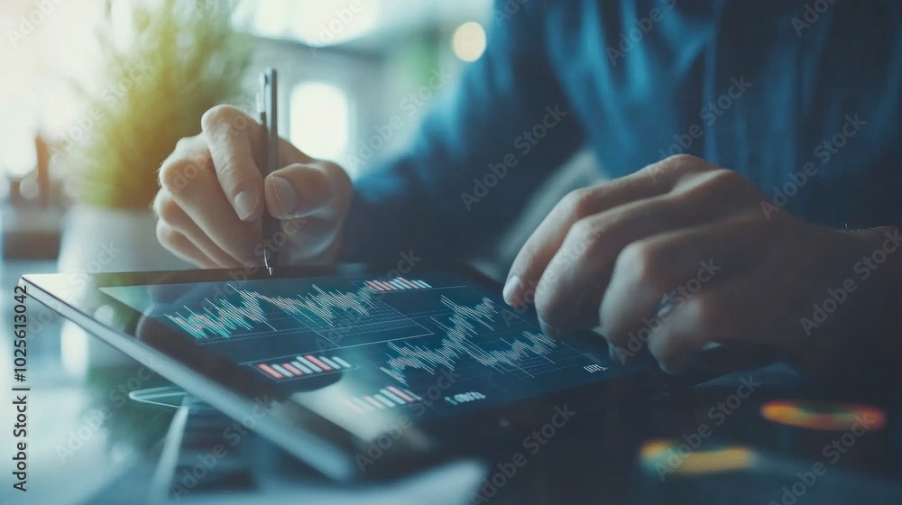 Poster a person using a tablet to analyze data trends with a stylus in a modern workspace.