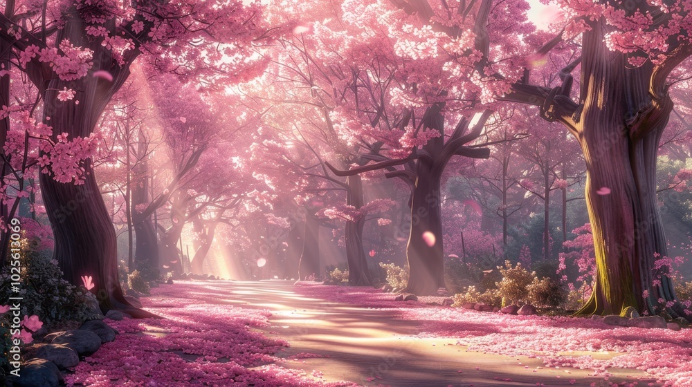 Poster Serene Cherry Blossom Pathway in Spring Light