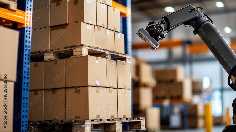 Poster automated warehouse robotics industrial robot arm stacking boxes on pallet