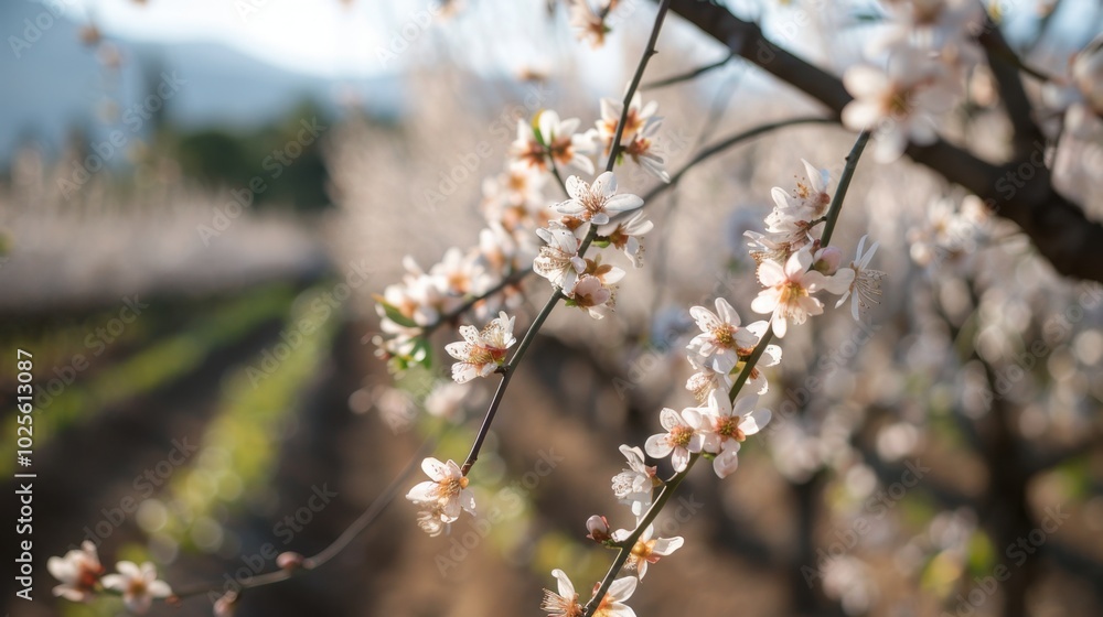 Sticker Blossoming Almond Trees in Spring Orchard