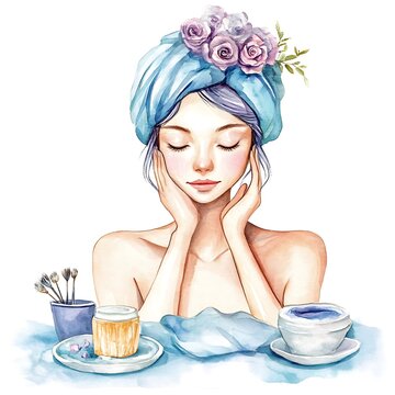 recommend clip art: Watercolor Illustration of a Woman Relaxing with a Cup of Tea and Flowers in Her Hair.