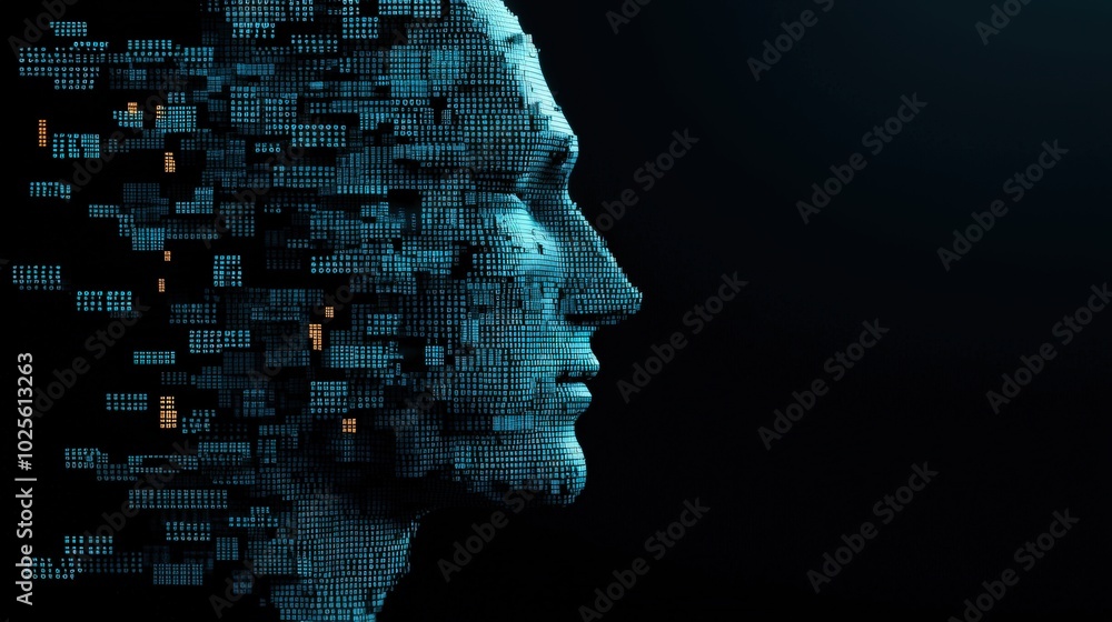 Poster digital human face composed of binary code futuristic technology concept