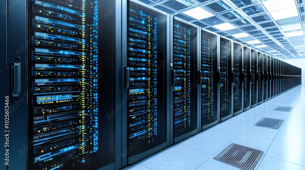 Poster modern data center server room with rows of network racks and blue lights