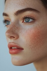 An expressive portrait captures the vivid blue-eyed gaze of a face adorned with radiant freckles, highlighting natural beauty and expression through vibrant tones and details.