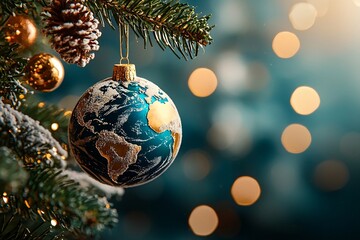 Planet Earth hanging on a christmas tree as a festive decoration. Merry Christmas and winter holiday concept. Close-up object shot for poster, card