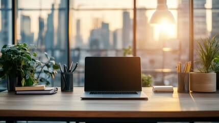 Fototapeta premium A modern workspace with a laptop, plants, and a city skyline at sunset.