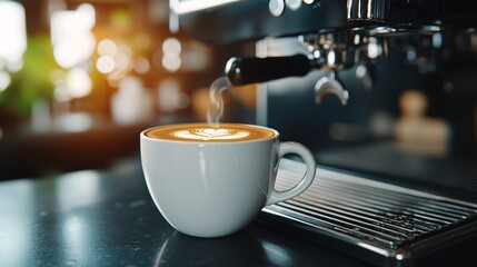 Fototapeta premium Cozy CafÃ© Ambiance: Barista Making Espresso in Warmly Lit Interior with Inviting Atmosphere - Medium Shot Photo