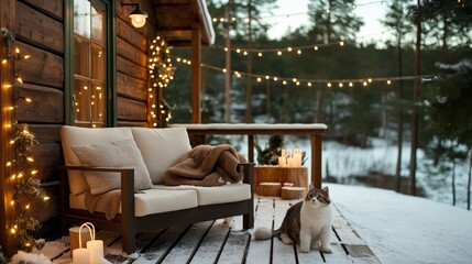 Cozy Winter Retreat with Cat on Snowy Deck