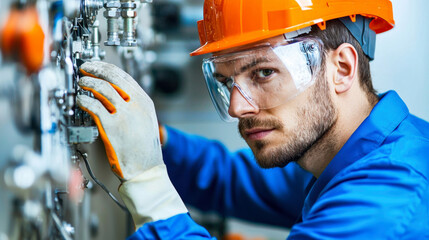 focused electrical engineer wearing protective gear works on machinery, ensuring safety and precision in technical environment. His concentration reflects importance of his task