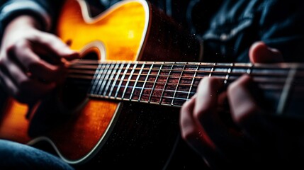 Obraz premium Melodious Moments: Passionate Musician Playing Acoustic Guitar in Cozy Living Room