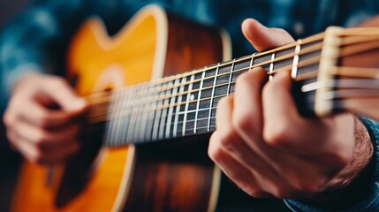 Fototapeta premium Cozy Serenade - Passionate Musician Playing Acoustic Guitar in Warmly Lit Living Room, Intimate Atmosphere, Medium Shot Photo