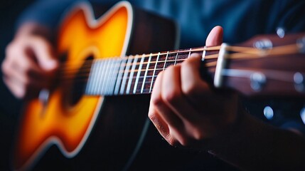 Fototapeta premium Melodic Moments: Passionate Musician Strumming Acoustic Guitar in Cozy Living Room with Intimate Warm Light - Medium Shot Photo