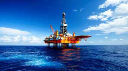 Offshore oil rig stands tall in ocean, showcasing its industrial design against vibrant blue sky and calm waters. scene evokes sense of strength and resilience