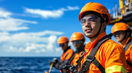 Offshore technician wearing safety gear, focused on task ahead, with colleagues in background. bright orange uniforms contrast against blue sky and ocean, highlighting professional environment