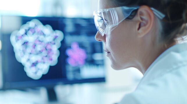 A focused scientist analyzes molecular data on a screen, showcasing the intersection of technology and biological research.