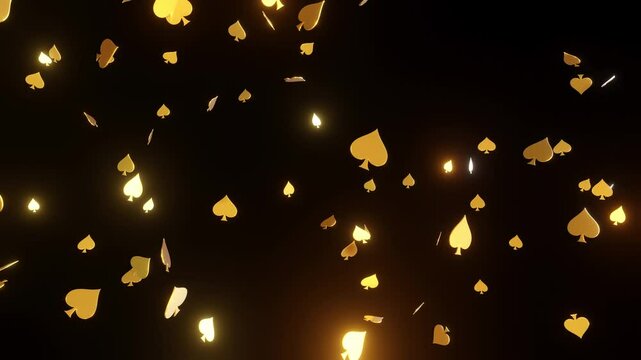Abstract casino background featuring floating golden Spades symbols on a dark backdrop. Ideal for casino and online gambling themes. 3D render 4K