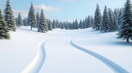 Obraz premium Serene Snow Covered Forest Trail Adventure in Winter Wilderness