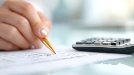 Fototapeta premium A hand holding a pen writes on documents beside a calculator, symbolizing finance, accounting, and analysis tasks.