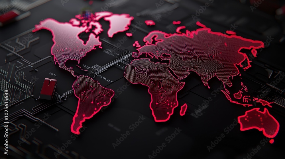 Poster global network circuit board world map red neon technology background