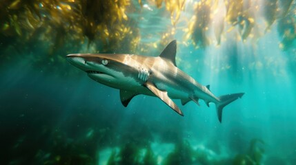 Fototapeta premium A shark swims gracefully through sunlit waters, surrounded by kelp, showcasing the beauty and serenity of marine life.
