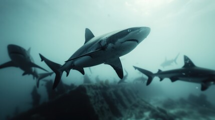 A school of sharks swims gracefully underwater, showcasing their sleek forms in a mysterious, murky ocean environment.