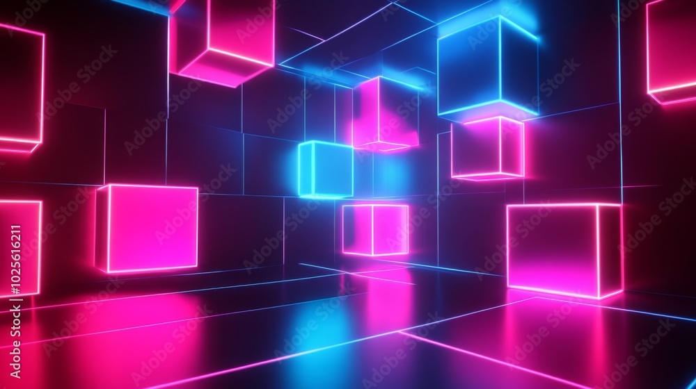 Poster abstract neon glow in pink and blue colors in a dark space with multiple cubes and lines.